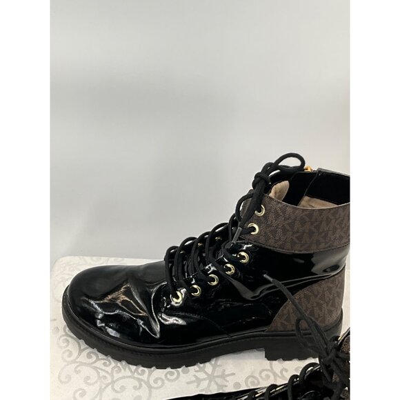 Michael Kors Alistar Monogram Black Patent Combat Boots Women's 9.5M PU Upper Go - Picture 7 of 10